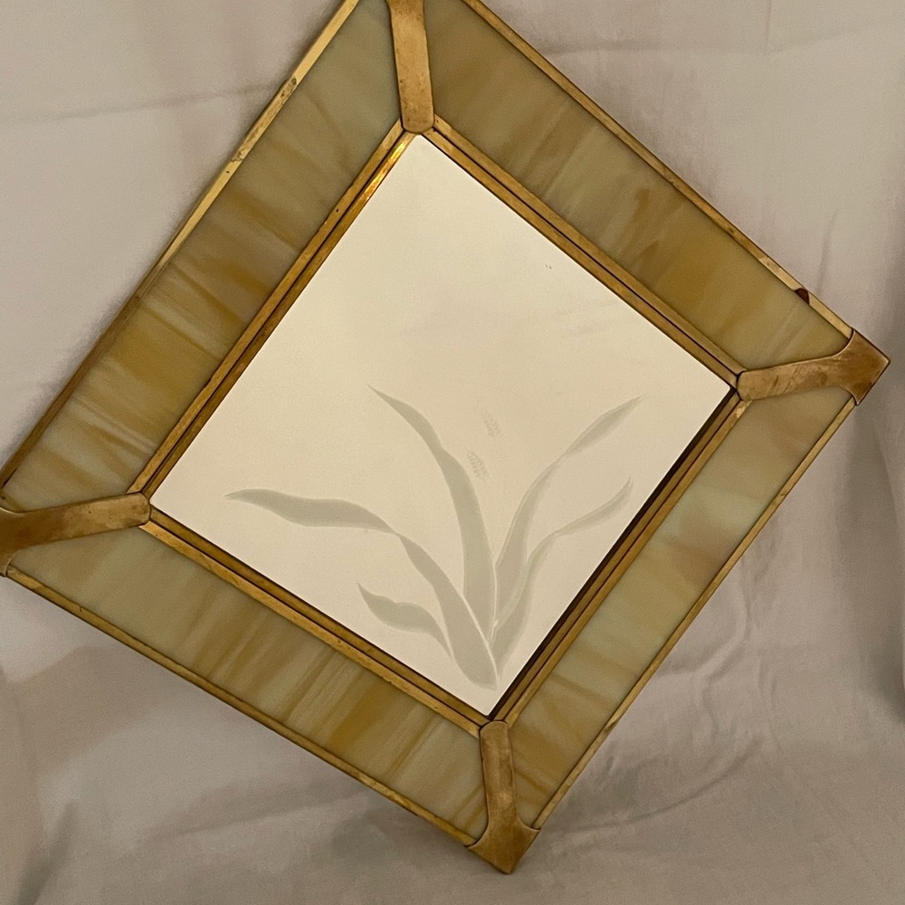 1970’s Vintage slag glass mirror with etched glass and brass border & accents